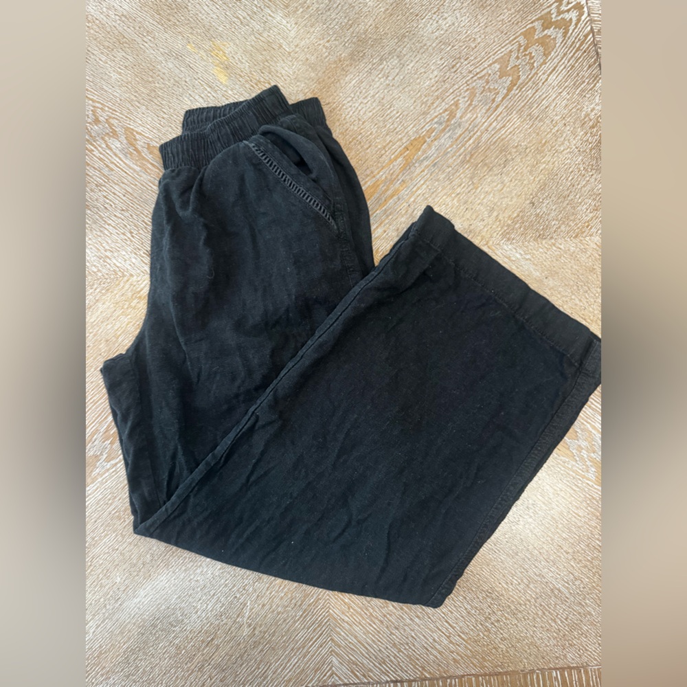 Briggs Black Linen Blend Pants Med Elastic Waist 28” Inseam 28” Pockets Wide Leg